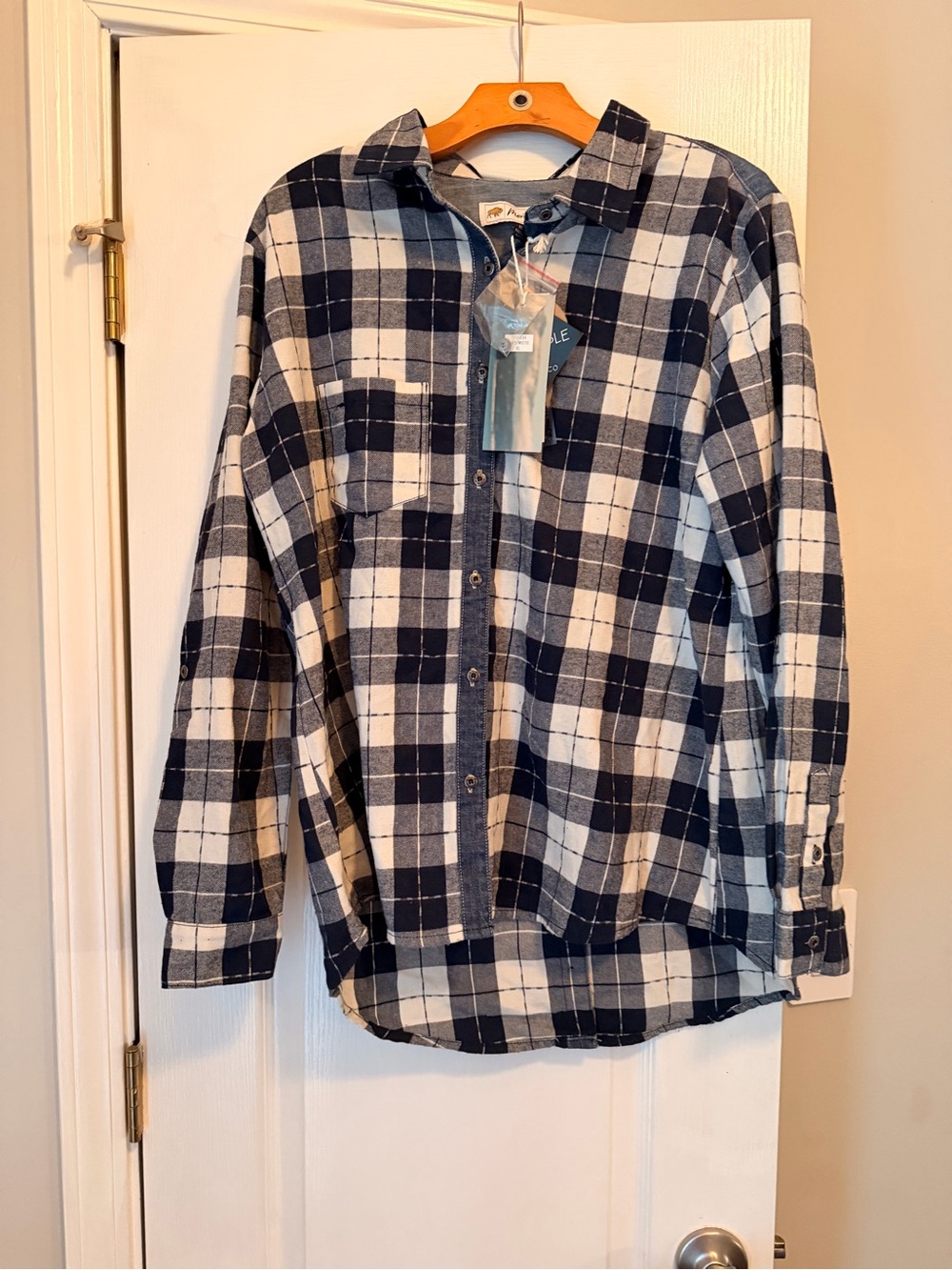 Women’s Navy & White Plaid Button-Down Shirt - Casual Relaxed Fit